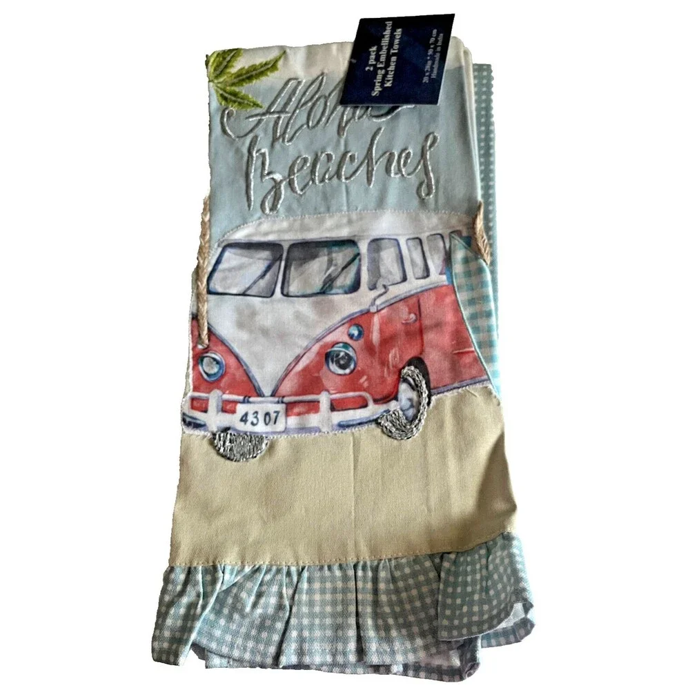 Red Hippie Red Bus Kitchen Dish Towels Set of 2 Embroidered Ruffle Blue Check
